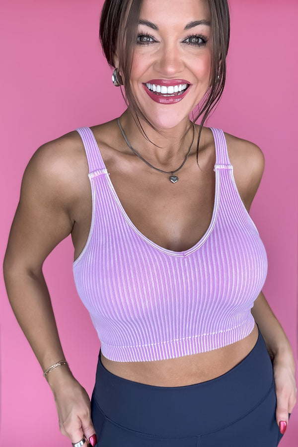 Say Anything Mauve Washed Ribbed Cropped Bra Padded Tank Top