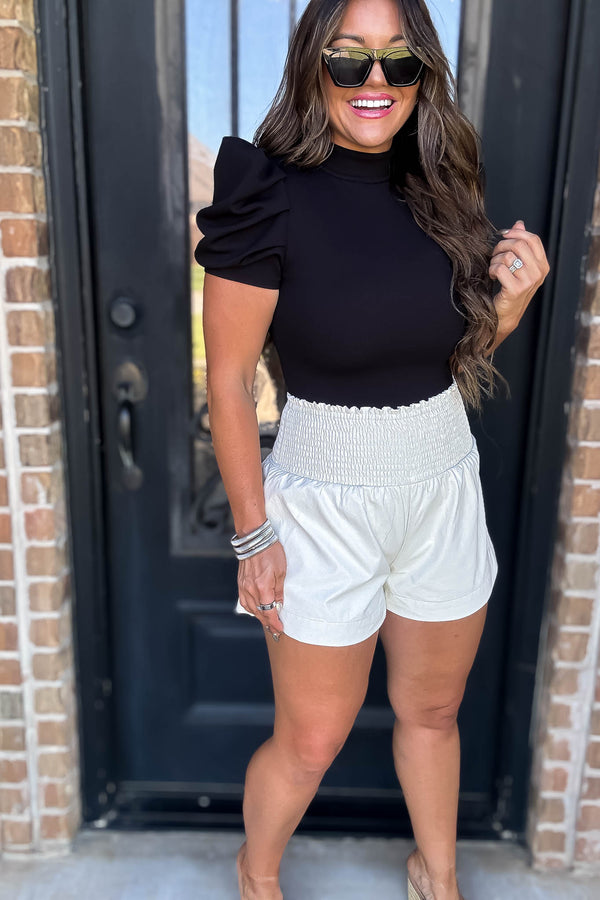 Winning Black Short Puff Sleeve Bodysuit