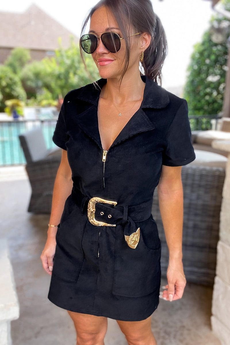 Corduroy Front Zipper Open Black Dress With Belt