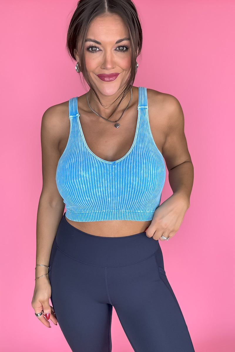 Say Anything Deep Sky Washed Ribbed Cropped Bra Padded Tank Top