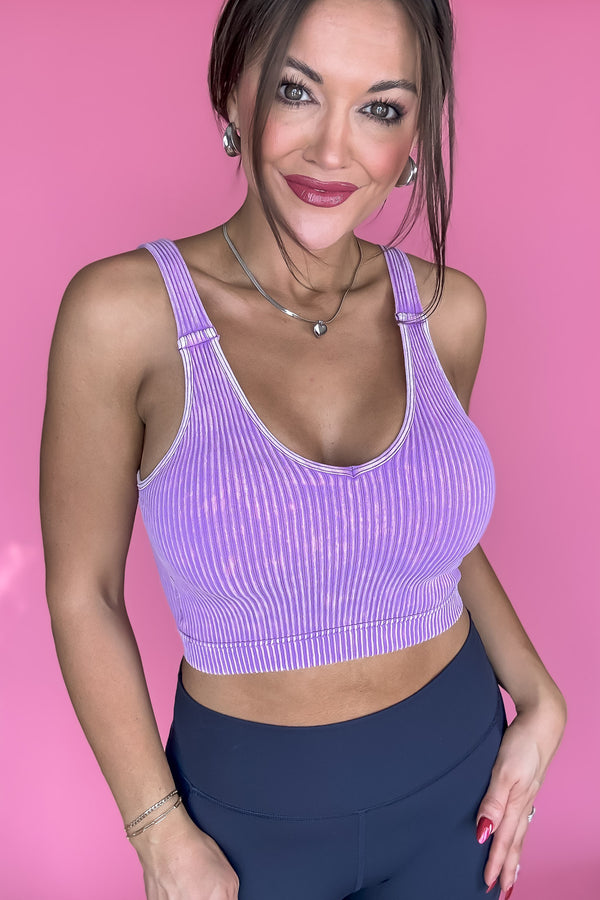 Say Anything Bright Violet Washed Ribbed Cropped Bra Padded Tank Top