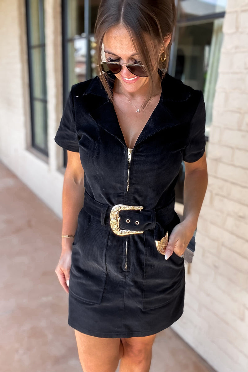 Corduroy Front Zipper Open Black Dress With Belt
