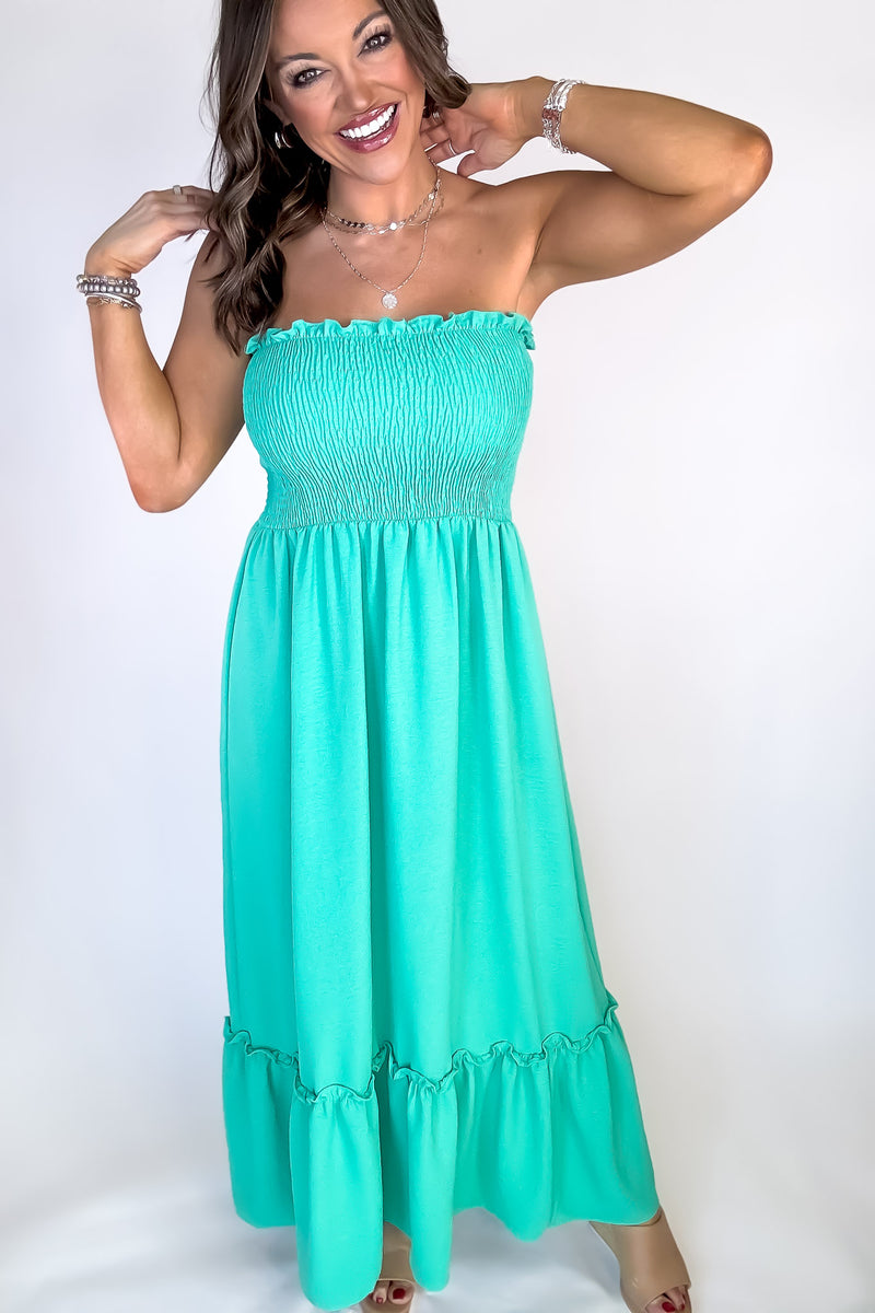 Sunsational Jade Strapless Boho Smocked Top Maxi Dress