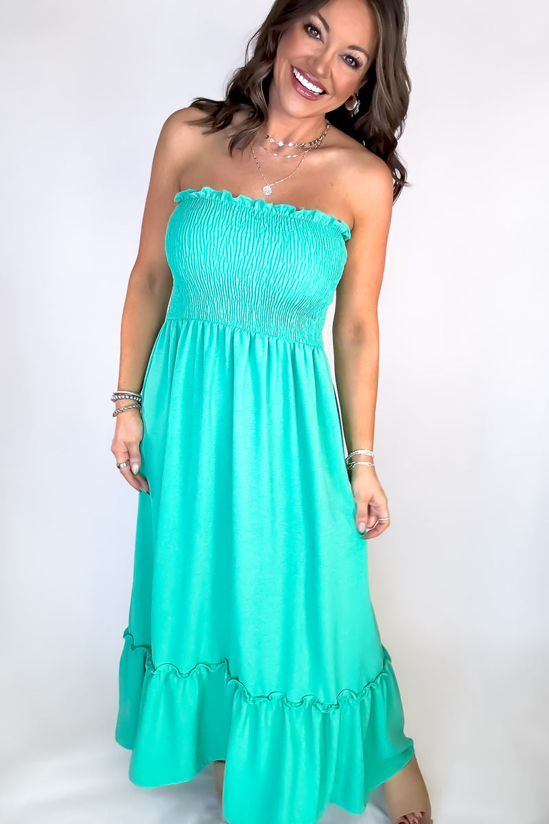 Sunsational Jade Strapless Boho Smocked Top Maxi Dress