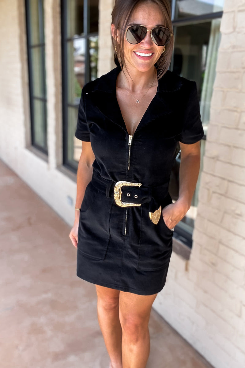 Corduroy Front Zipper Open Black Dress With Belt