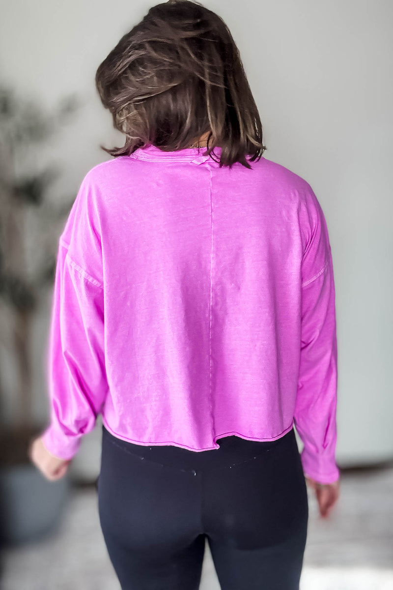 Washed Bright Mauve Oversized Round Neck Long Sleeve Tee