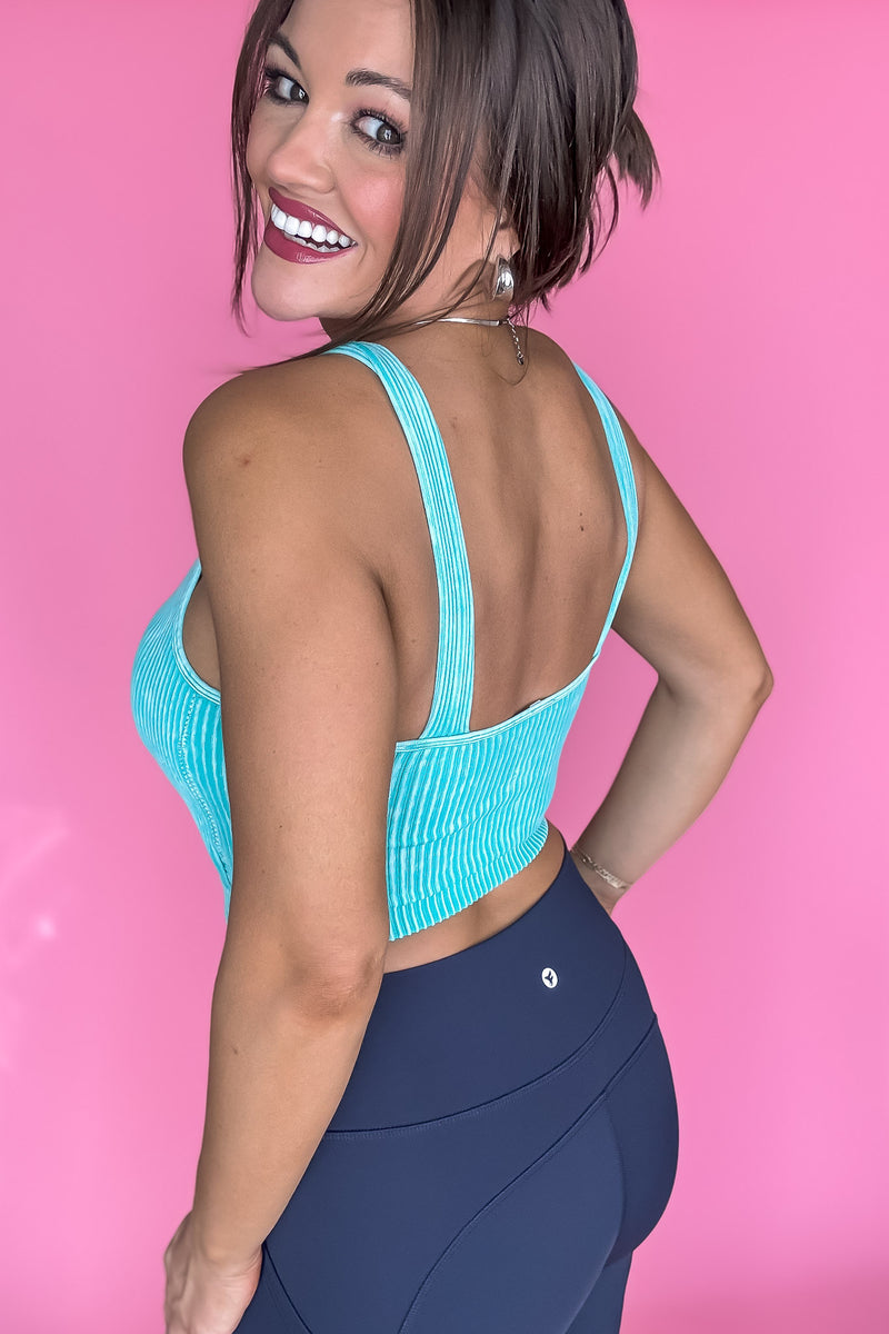 Say Anything Turquoise Washed Ribbed Cropped Bra Padded Tank Top