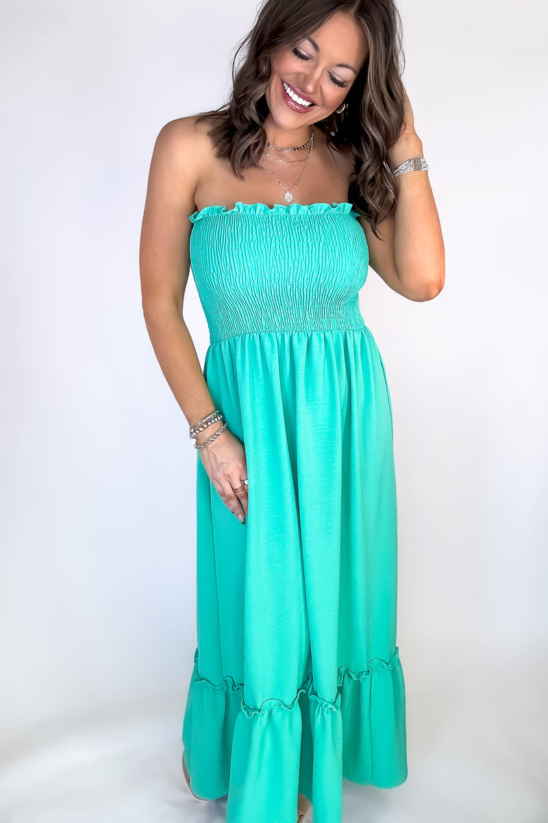 Sunsational Jade Strapless Boho Smocked Top Maxi Dress