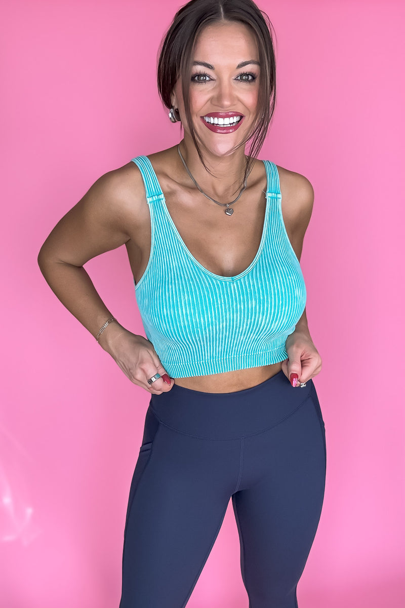 Say Anything Turquoise Washed Ribbed Cropped Bra Padded Tank Top