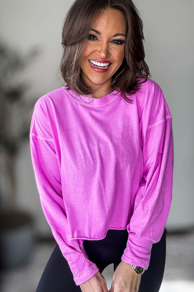 Washed Bright Mauve Oversized Round Neck Long Sleeve Tee