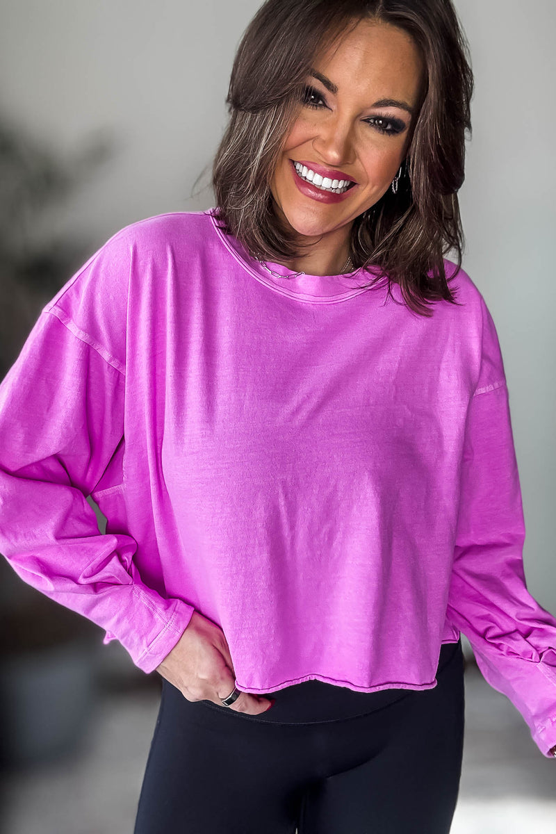 Washed Bright Mauve Oversized Round Neck Long Sleeve Tee