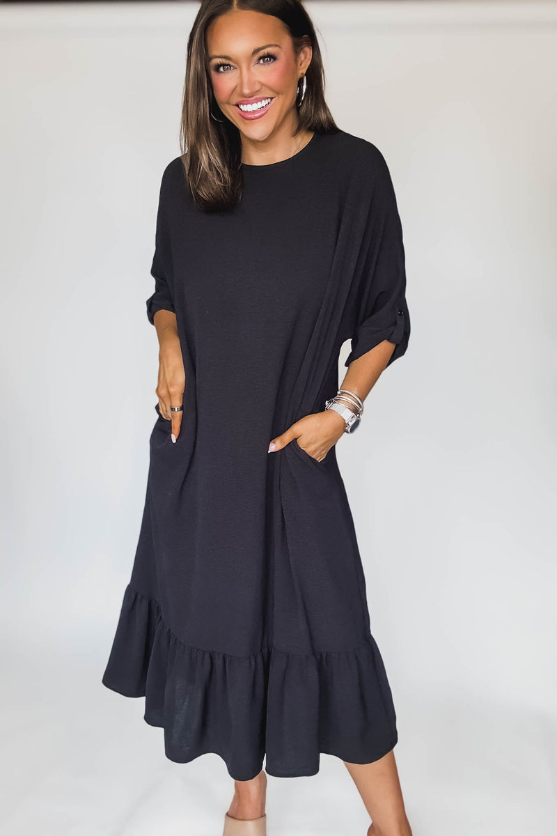 Lined Elbow Sleeves Back Knot Detail Midi Dress