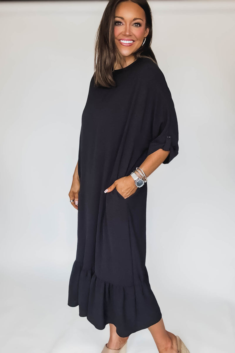 Lined Elbow Sleeves Back Knot Detail Midi Dress
