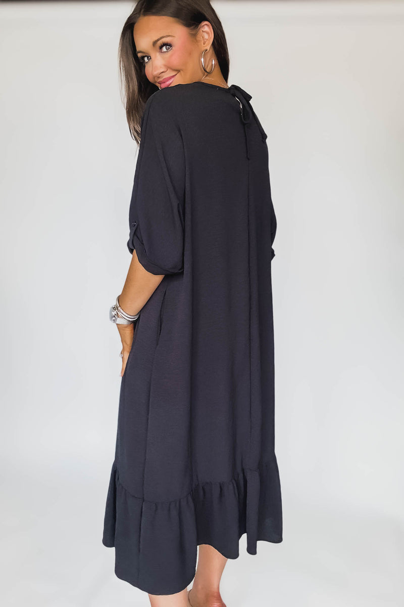 Lined Elbow Sleeves Back Knot Detail Midi Dress