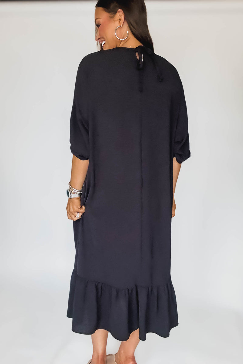 Lined Elbow Sleeves Back Knot Detail Midi Dress