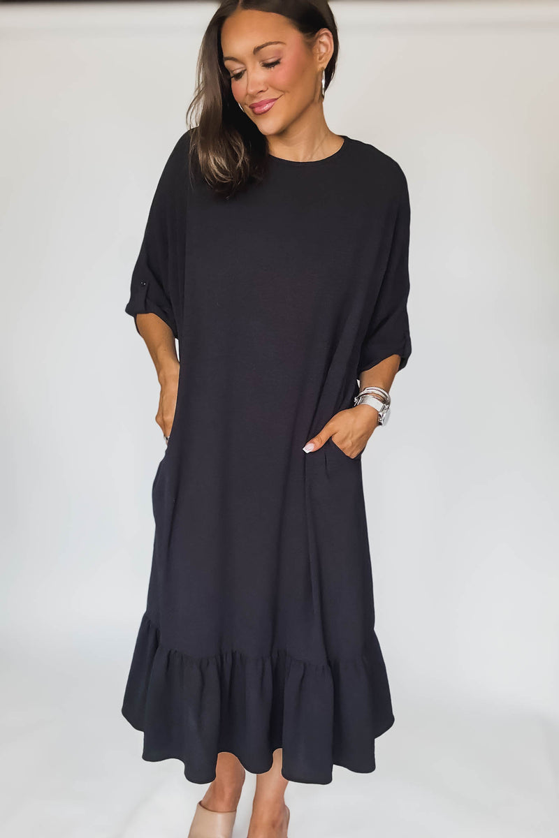 Lined Elbow Sleeves Back Knot Detail Midi Dress