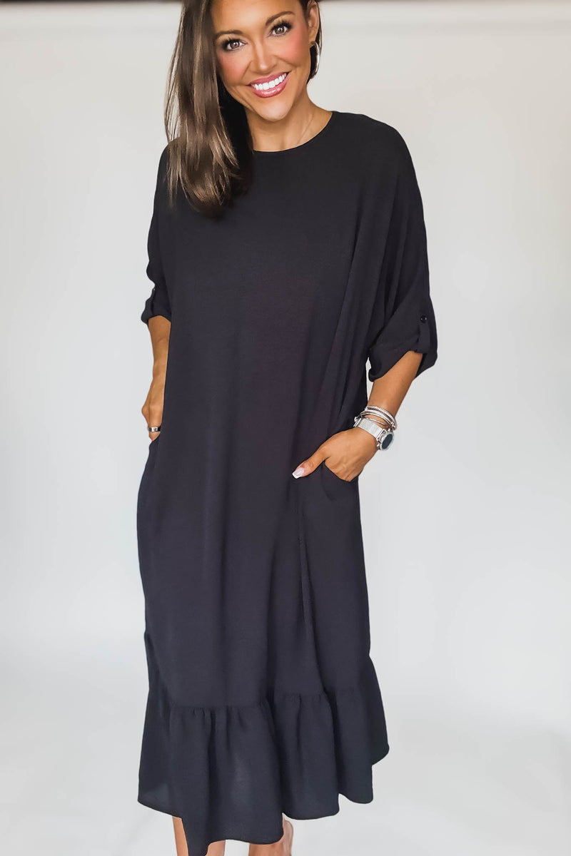 Lined Elbow Sleeves Back Knot Detail Midi Dress