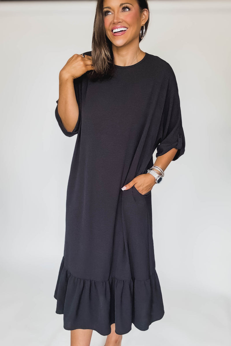Lined Elbow Sleeves Back Knot Detail Midi Dress