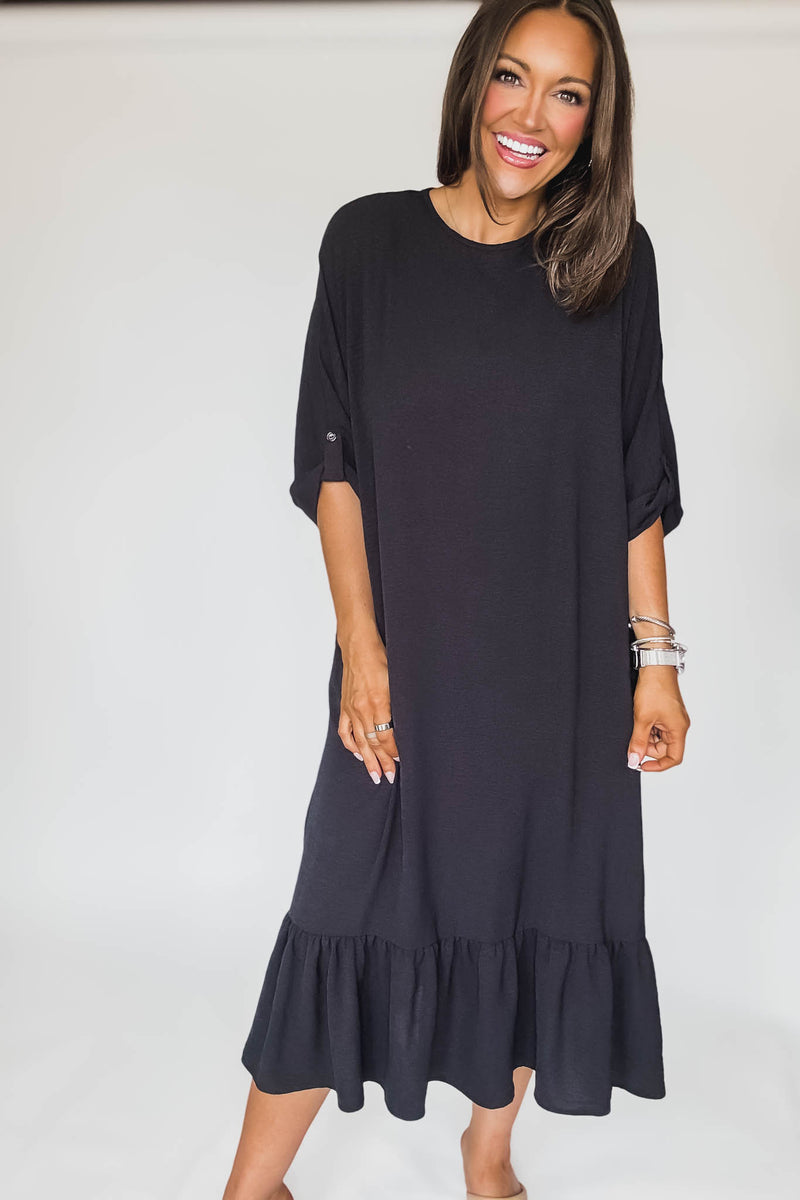 Lined Elbow Sleeves Back Knot Detail Midi Dress