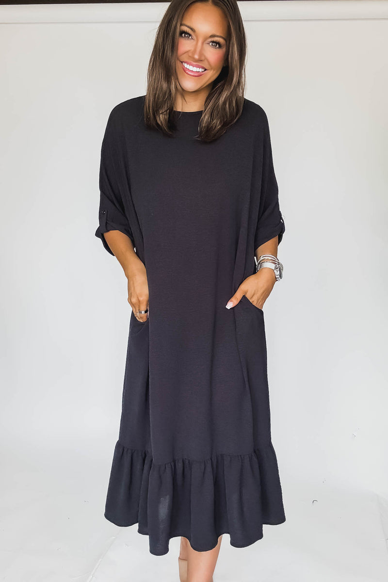 Lined Elbow Sleeves Back Knot Detail Midi Dress