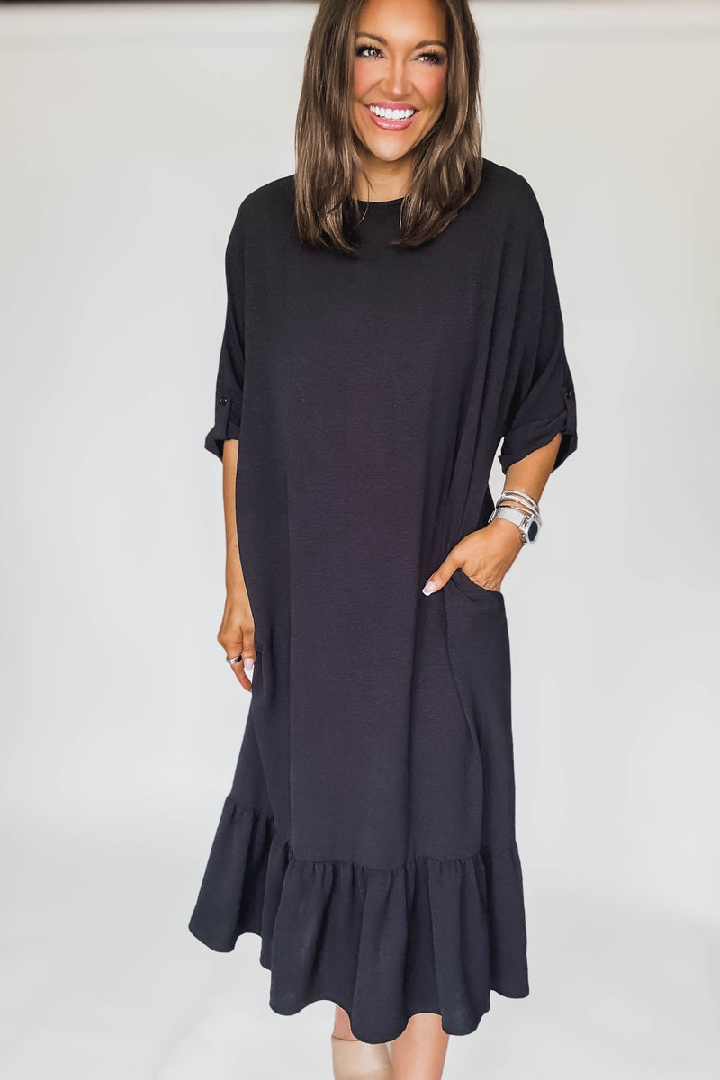 Lined Elbow Sleeves Back Knot Detail Midi Dress