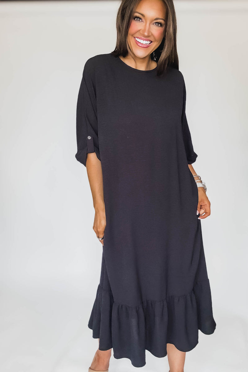 Lined Elbow Sleeves Back Knot Detail Midi Dress