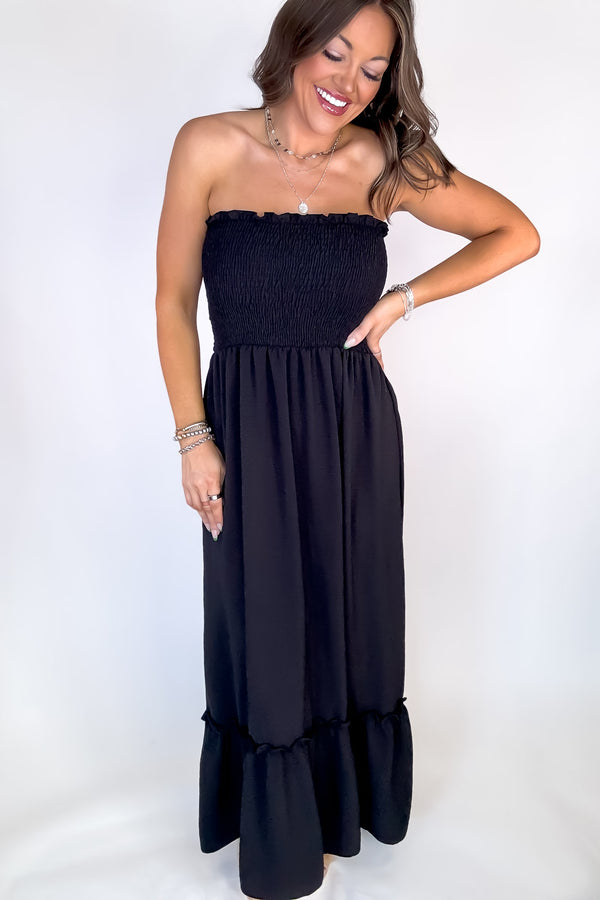 Sunsational Black Strapless Boho Smocked Top Maxi Dress