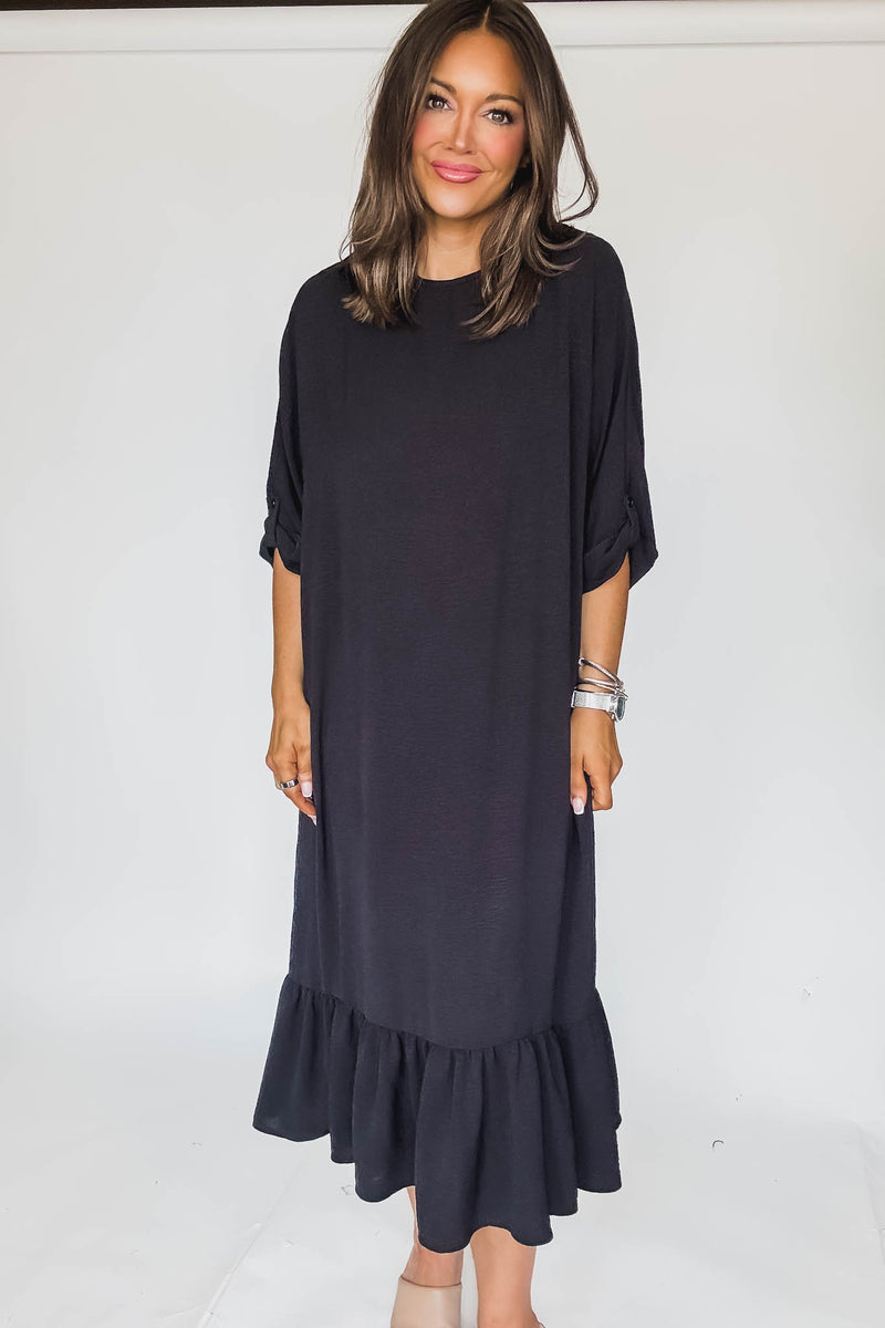 Lined Elbow Sleeves Back Knot Detail Midi Dress