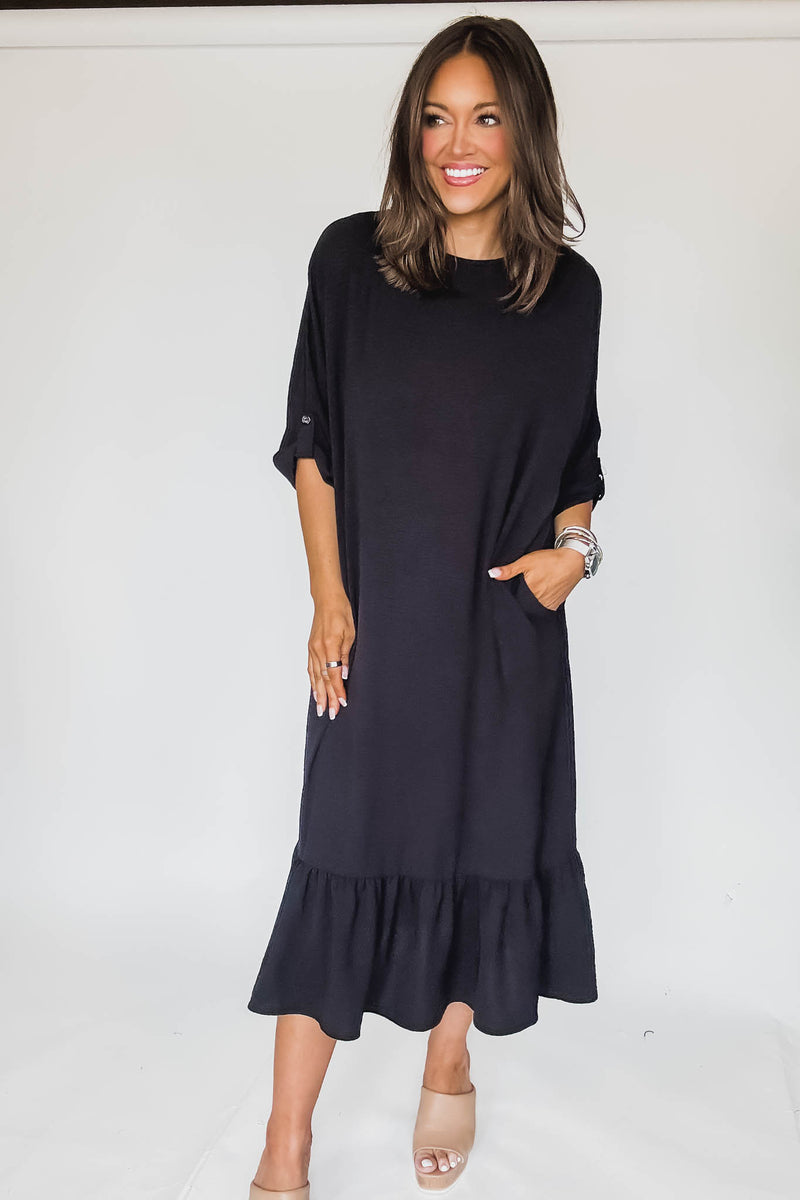 Lined Elbow Sleeves Back Knot Detail Midi Dress