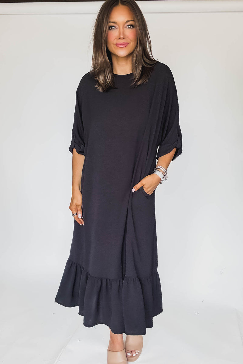 Lined Elbow Sleeves Back Knot Detail Midi Dress