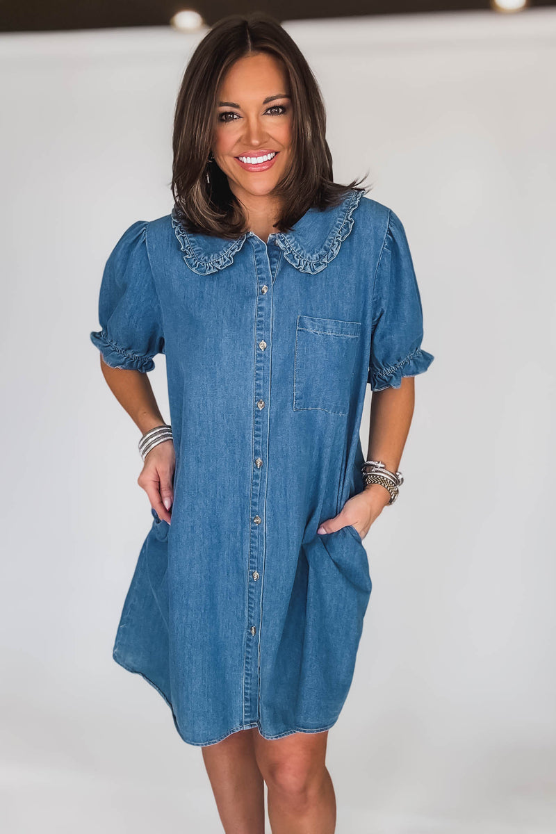 Denim Ruffled Sailor Collar Dress