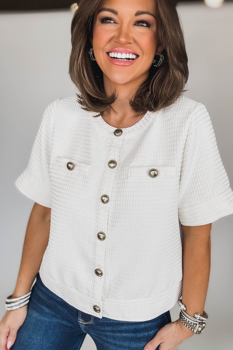 Cream Textured Knit Gold Button-up Jacket