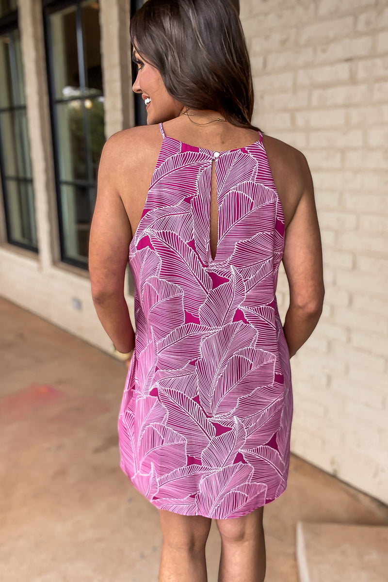 Dancing Under The Palms Fuchsia Leaf Print Dress