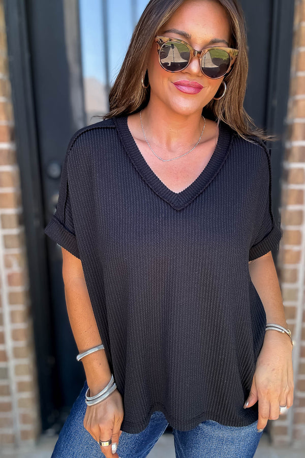 Corded Black Rib Short Sleeve Hi-Low V Neck Top