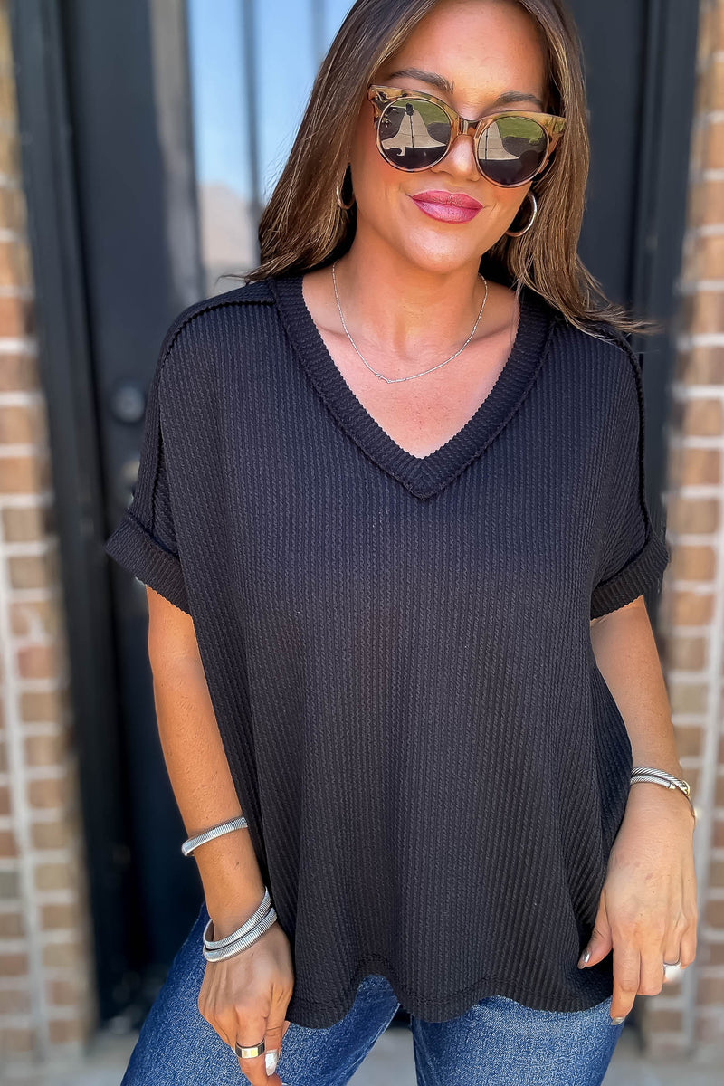 Corded Black Rib Short Sleeve Hi-Low V Neck Top