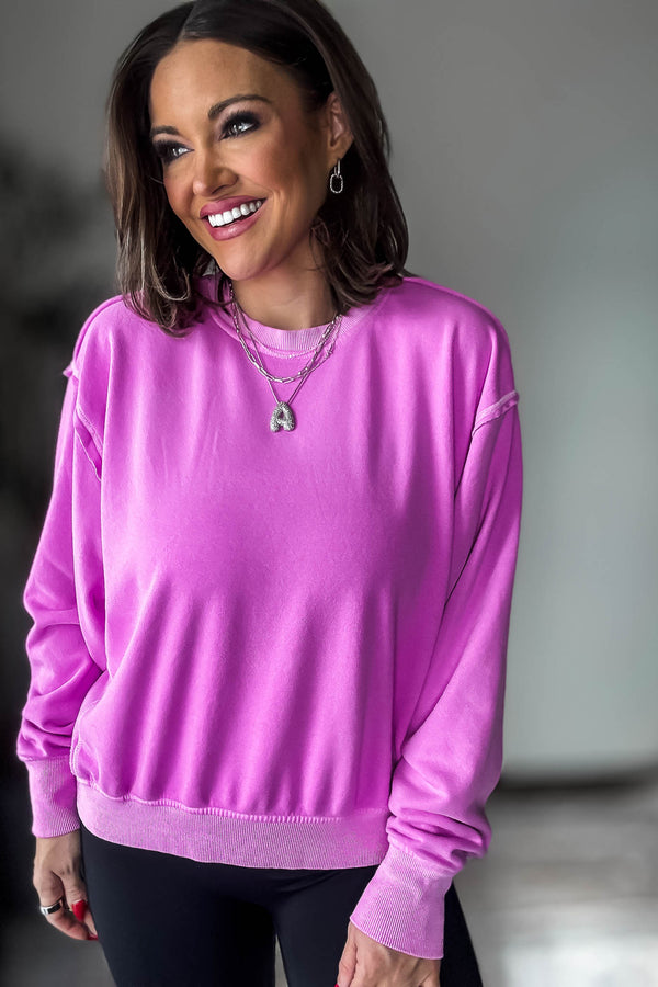 Fleece Bright Mauve Round Neck Pullover Top