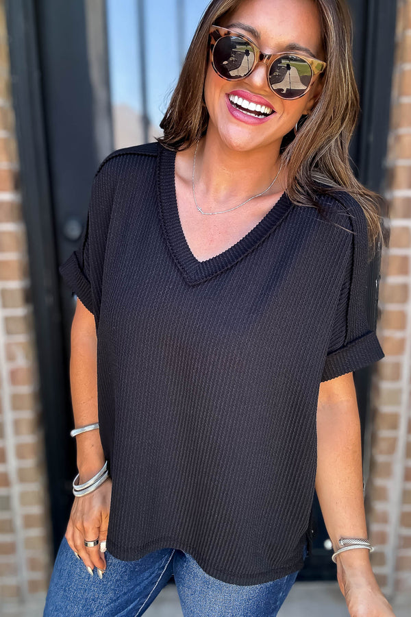 Corded Black Rib Short Sleeve Hi-Low V Neck Top