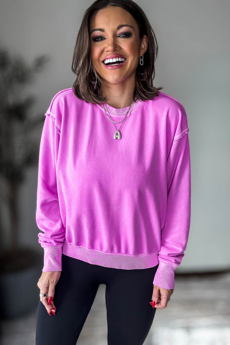 Fleece Bright Mauve Round Neck Pullover Top