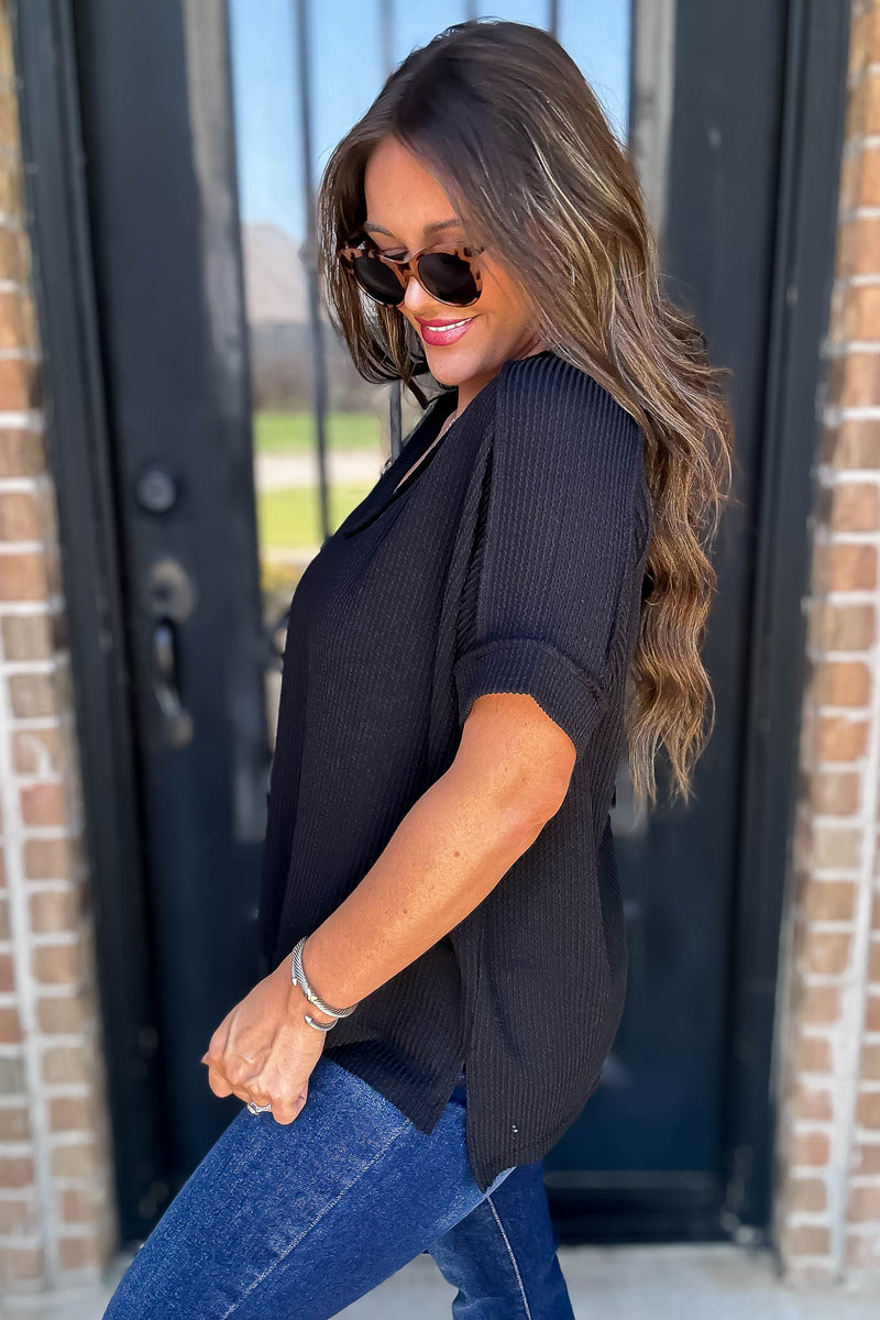 Corded Black Rib Short Sleeve Hi-Low V Neck Top
