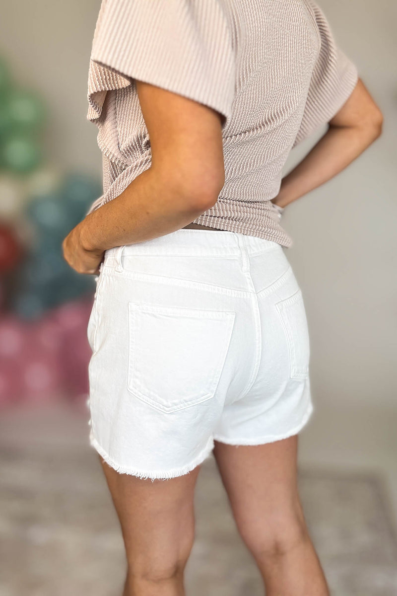 HIGH RISE TOMBOY SHORTS WITH DISTRESSING IN WHITE