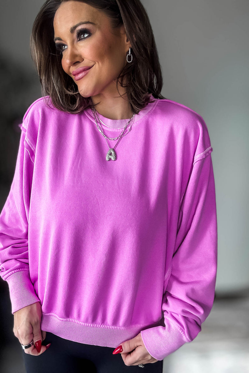 Fleece Bright Mauve Round Neck Pullover Top