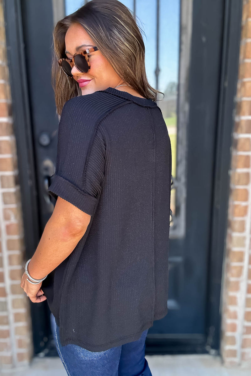 Corded Black Rib Short Sleeve Hi-Low V Neck Top