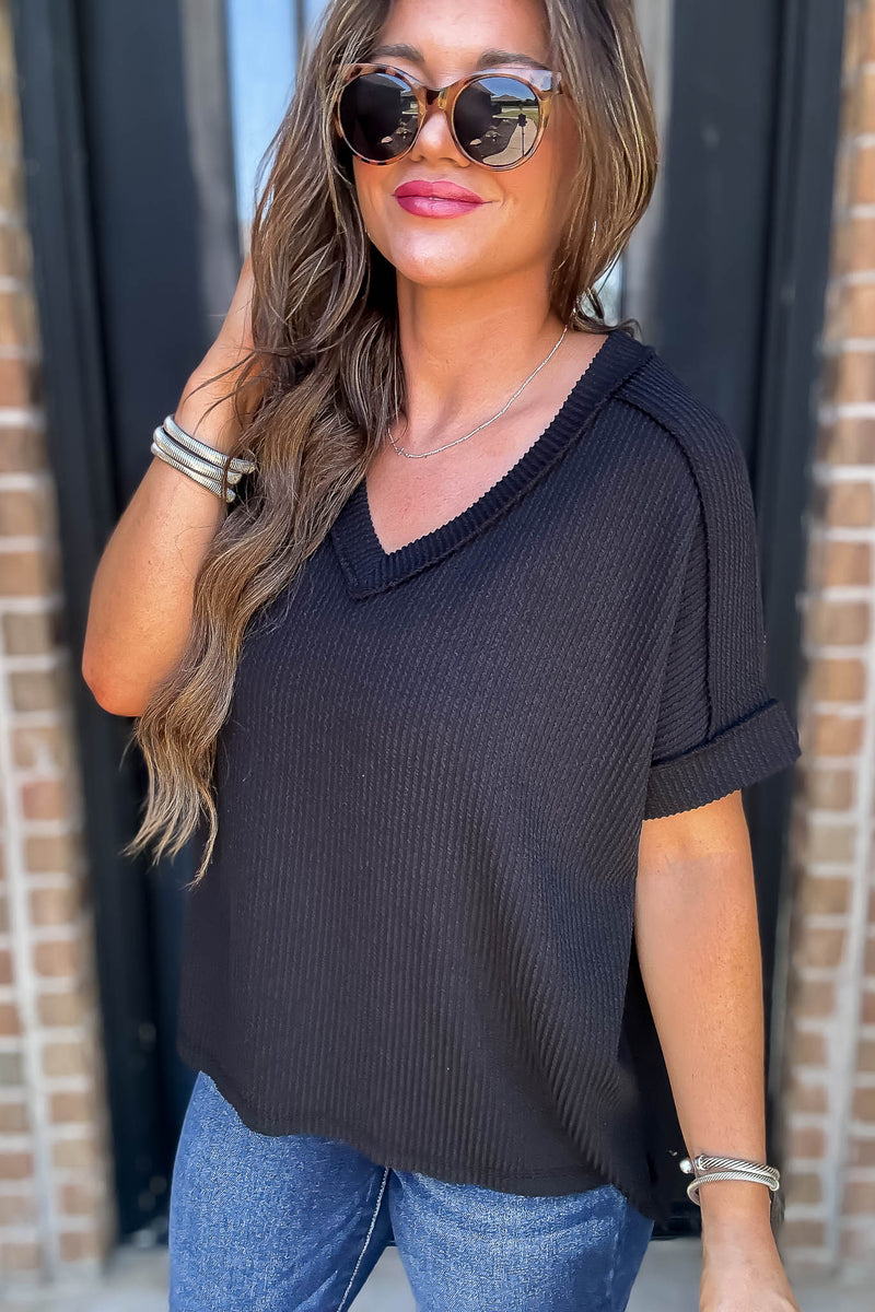 Corded Black Rib Short Sleeve Hi-Low V Neck Top