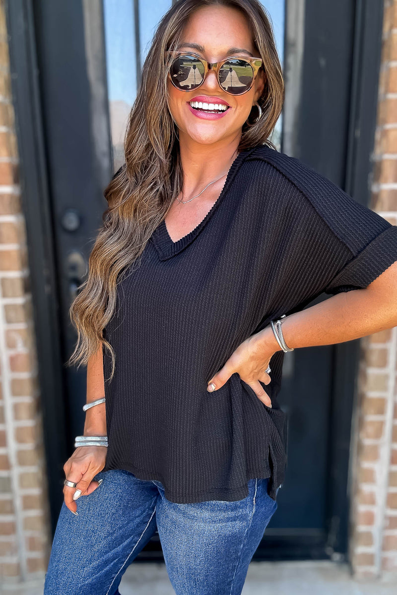 Corded Black Rib Short Sleeve Hi-Low V Neck Top