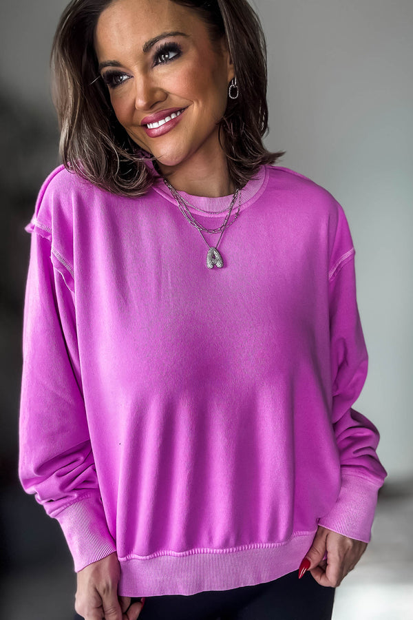 Fleece Bright Mauve Round Neck Pullover Top