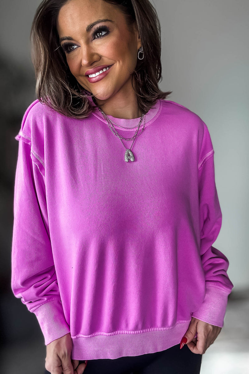 Fleece Bright Mauve Round Neck Pullover Top