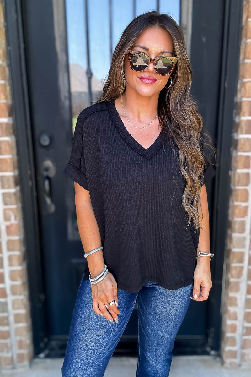 Corded Black Rib Short Sleeve Hi-Low V Neck Top
