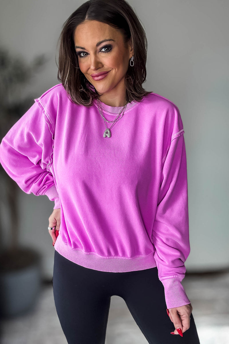 Fleece Bright Mauve Round Neck Pullover Top
