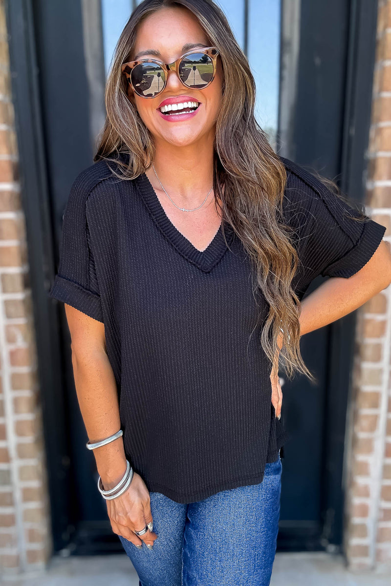Corded Black Rib Short Sleeve Hi-Low V Neck Top