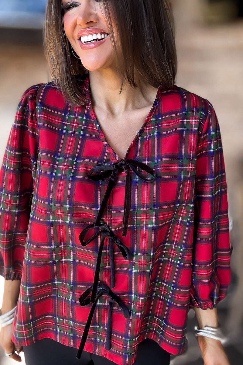 2 Hearts Plaid Holiday Tie Front Blouse